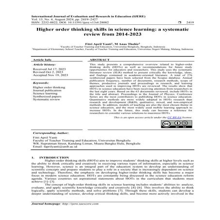 Higher order thinking skills in science learning: a systematic review from 2014-2023