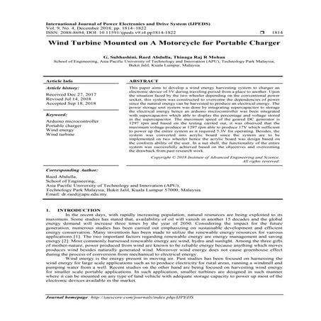 Wind Turbine Mounted on A Motorcycle for Portable Charger