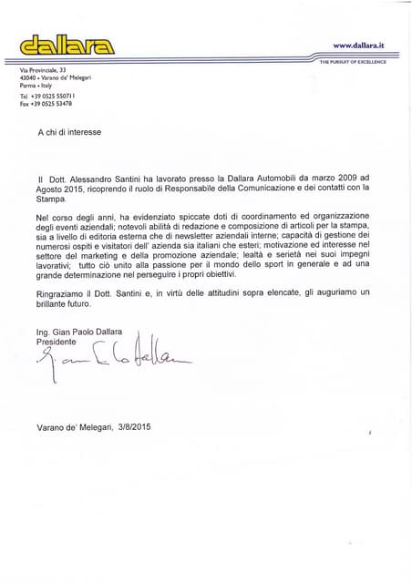 Lettera di referenza di Gian Paolo Dallara