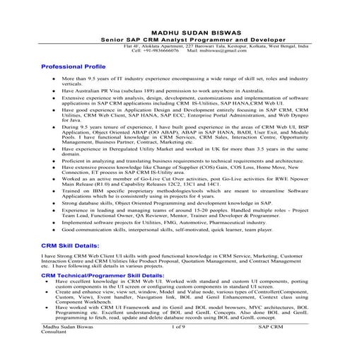 Resume_SAP CRM Consultant_ Madhusudan Biswas_9.5yrs Exp_for SAP CRM Analyst P...