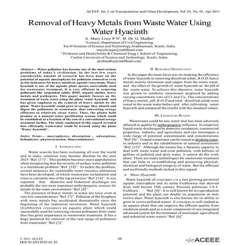 Removal of Heavy Metals from Waste Water Using Water Hyacinth | PDF