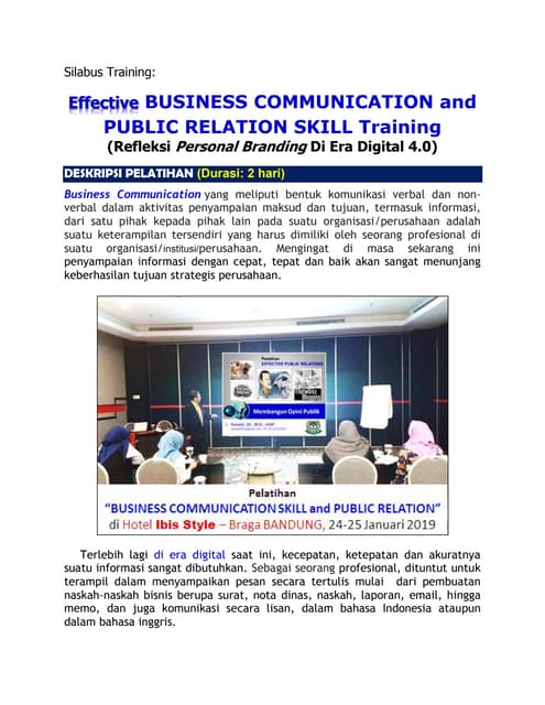 Silabus Training "Effective BUSINESS COMMUNICATION Skills & PUBLIC RELATION (PR)" in digital era 4.0