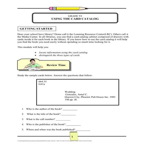 Card Catalog for Grade VI & V sss