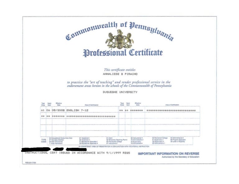 PA State Teaching Certificate