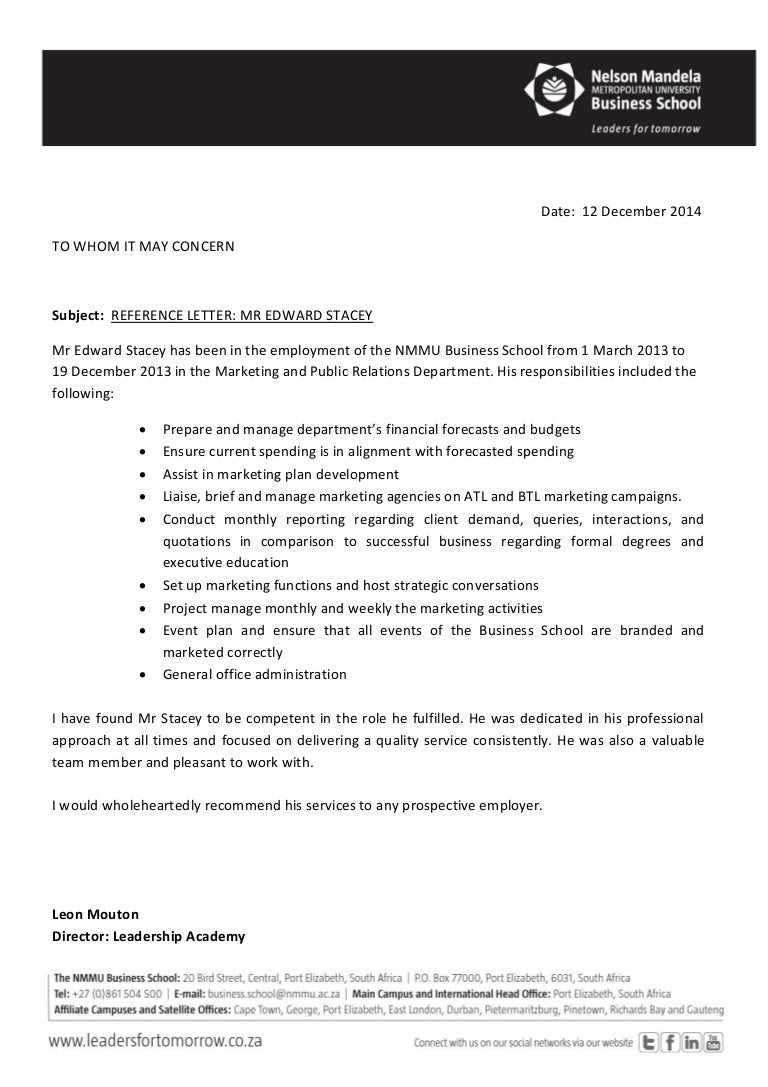 Reference Letter NMMU Business School Edward Stacey