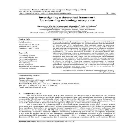 Investigating a theoretical framework for e-learning technology acceptance 