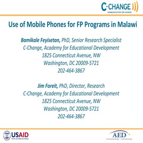 C-Change (Communications for Change) Use of Mobile Phones for FP Programs in ...