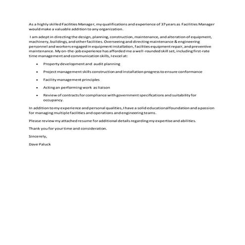Introduction Letter Dp Facilities Manager | DOCX