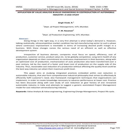 Application of VAVE in Cost reduction at Automobile Industry