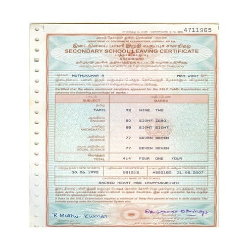 SSLC Marksheet