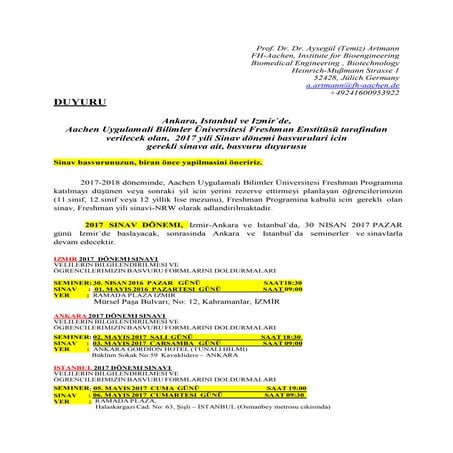 2017 -2018 Ögretim yili DÖNEMINE ait, Freshman Yili-NRW, DE Sinavi Duyurusu