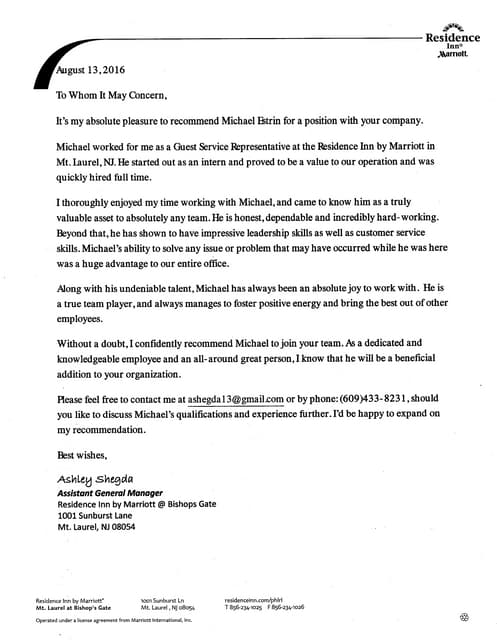Michael Estrin Letter Of Recommendation Marriott