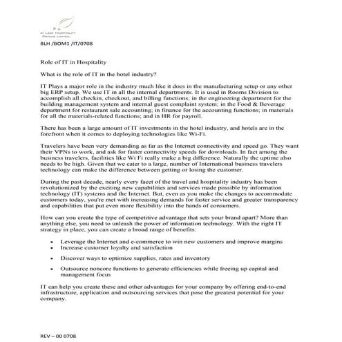 Role of IT in Hospitality