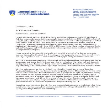 Kent Cox Letter of Reference - Bill | PDF