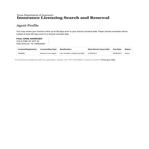 Paul Andresen Texas Department of Insurance License | PDF
