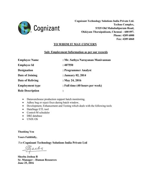 CTS - Experience letter | PDF