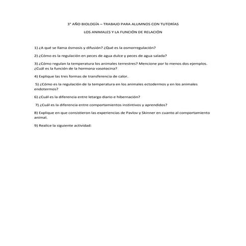 3° año Biología Trabajo tutoría Animales y relación