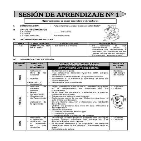 SESIÓN DE APRENDIZAJE DE MARZO A AGOSTO 3 AÑOS