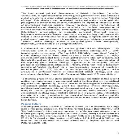 How does the global game of cricket (re)produce the international political phenomenon of British colonialism - G Thompson