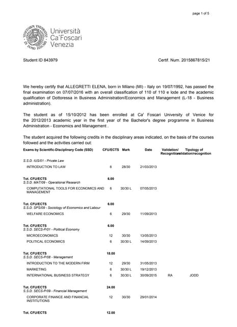 Masters Degree Transcript | PDF