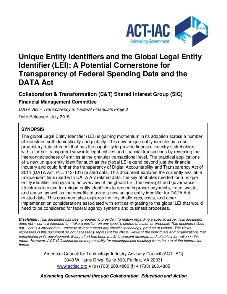 Unique Entity Identifiers and the Global Legal Entity Identifier CT…