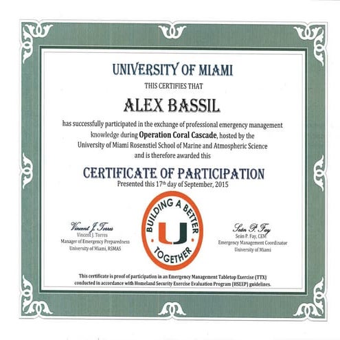 Bassil Certificate of Participation Operation Coral Cascade