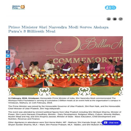 The Commemoration of 3 billion meals served by Shri Narendra Modi