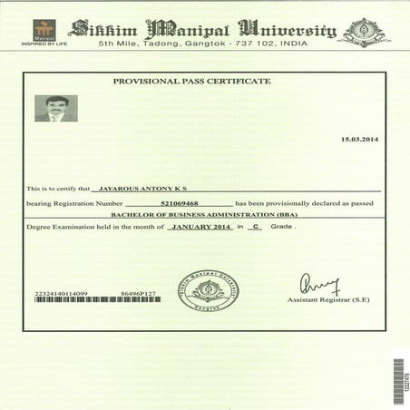 Provisional Pass Certificate - Sikkim Manipal University