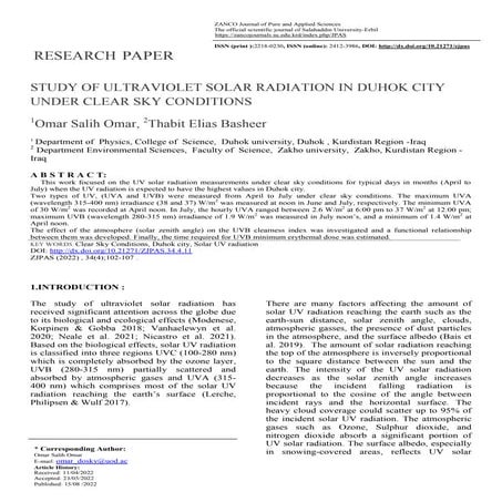 STUDY OF ULTRAVIOLET SOLAR RADIATION IN DUHOK CITY UNDER CLEAR SKY CONDITIONS