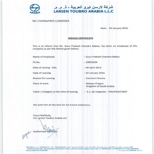 L&T Experience Certificate | PDF