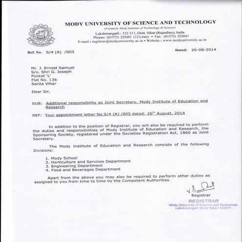 Meritorious service at Mody University