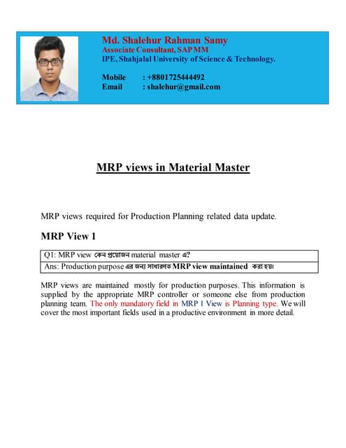 MRP views in Material Master