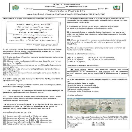 avaliação de língua portuguesa 3ª A 