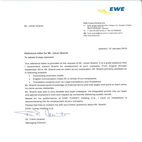 JOHAN BRACHT REFERENCE LETTER (EWE) | PDF