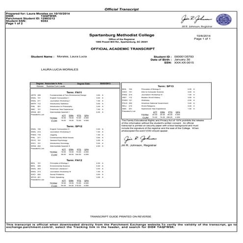 Laura Morales, Spartanburg Methodist College Transcript