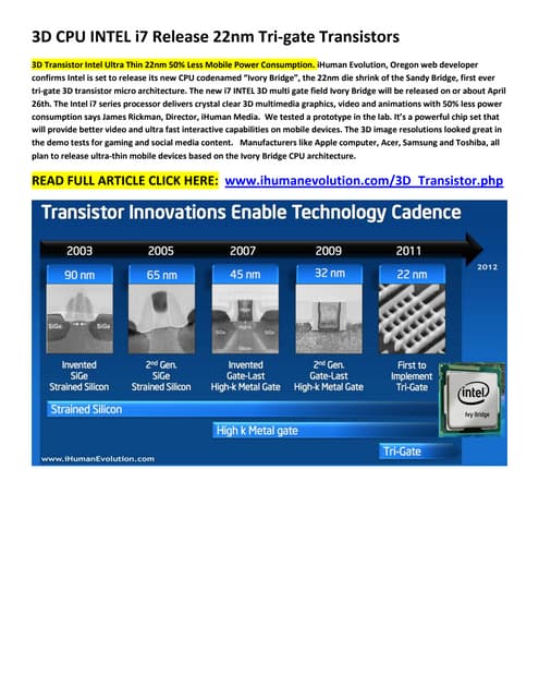 3D CPU Intel i7 22nm Tri-gate Trans...