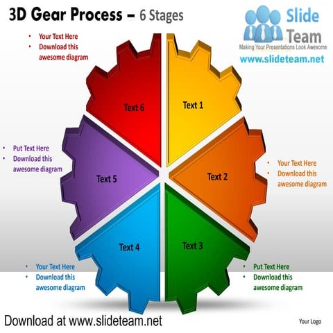 3 d gear split up into pie chart pieces process 6 stages style 1 powerpoint d...