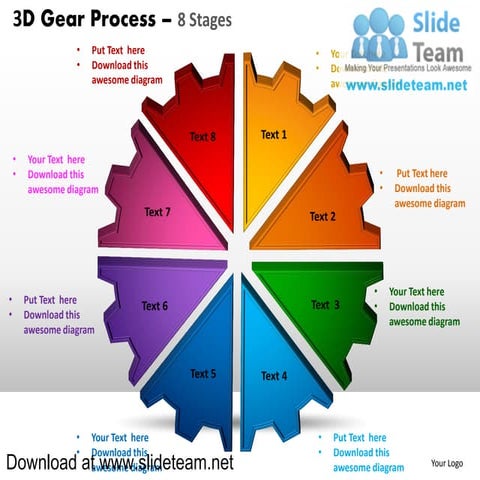 3 d gear split up into pie chart pieces process 8 stages style 1 powerpoint p...