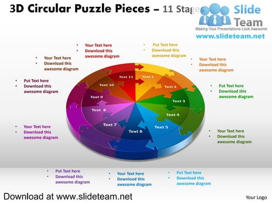 3 d interconnected circular puzzle pieces 11 stages powerpoint ...