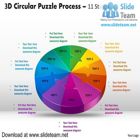 3 d pie chart circular puzzle with hole in center process 11 stages style 2 p...