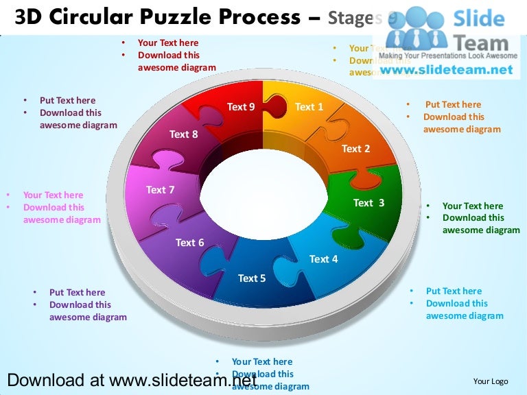 3 D Pie Chart Circular Puzzle With Hole In Center Process Stages 9 St