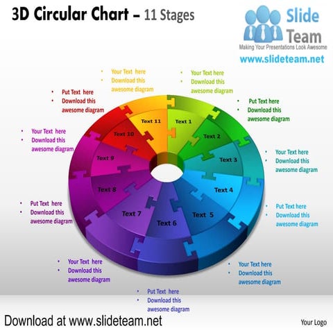 3 d pie chart circular with hole in center 11 stages style 3 powerpoint diagr...