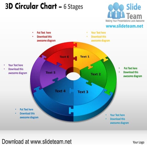 3 d pie chart circular with hole in center 6 stages style 3 powerpoint presen...
