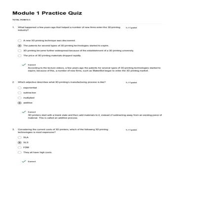 COURSERA 3D Printing Revolution QUESTIONS AND ANSWERS