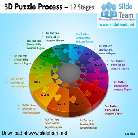 3 d puzzle pieces connected  jigsaw  12 stages powerpoint presentation slides...