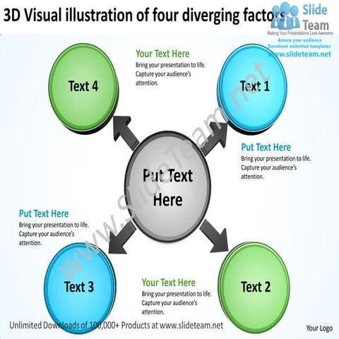 3d visual illustration of four diverging factors circular network ppt power p...