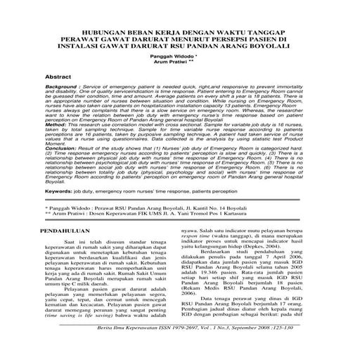 HUBUNGAN BEBAN KERJA DENGAN WAKTU TANGGAP PERAWAT GAWAT DARURAT MENURUT PERSEPSI PASIEN DI INSTALASI GAWAT DARURAT RSU PANDAN ARANG BOYOLALI