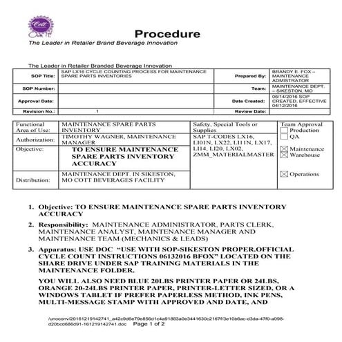 SAP LX16 CYCLE COUNTING METHOD 06142016 BFOX
