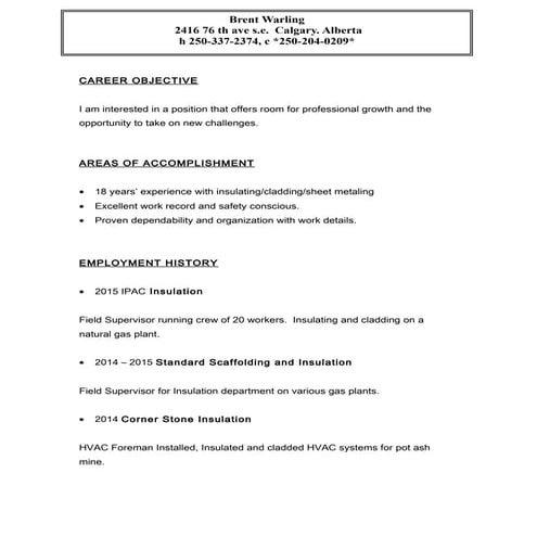 B WARLING NEW RESUME