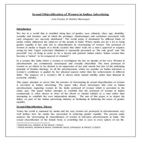 Research Paper on Sexual Objectification of Women in Indian Advertisements.